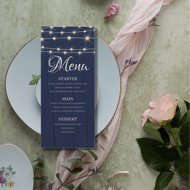Rustic Blue String Lights Wedding  Menu (Creator Uploaded)