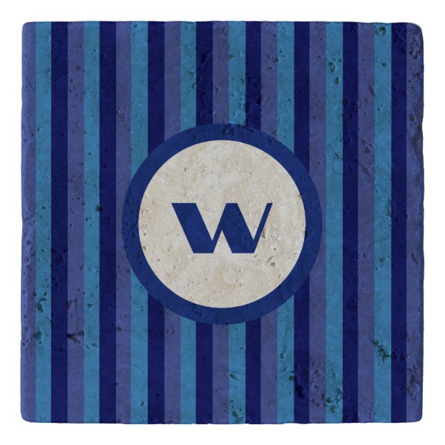 Rustic Blue Striped Stone Trivet with Monogram (Front)