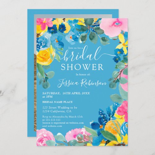 Rustic blue summer floral photo bridal shower invitation
