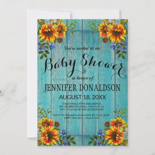 Rustic Blue Sunflower Baby Shower Invitation