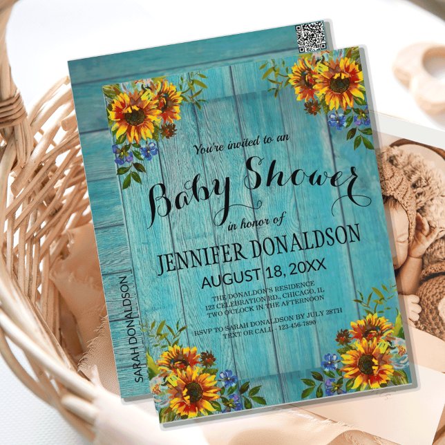 Rustic Blue Sunflower Baby Shower Invitation Postcard (RUSTIC BLUE SUNFLOWER BABY SHOWER INVITATION)