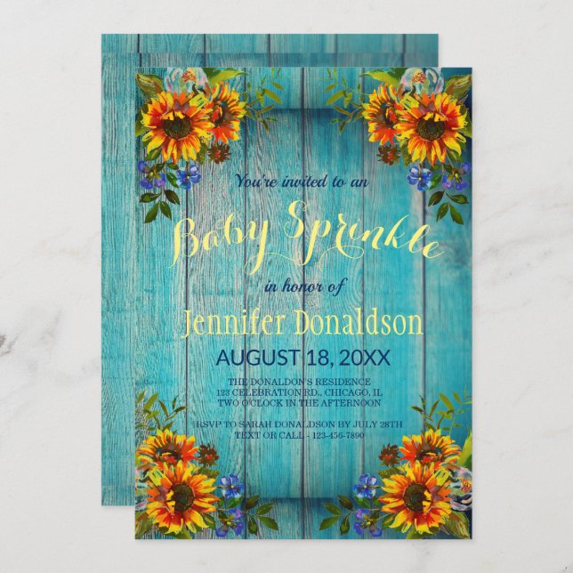 Rustic Blue Sunflower Baby Sprinkle Invitation (Front/Back)
