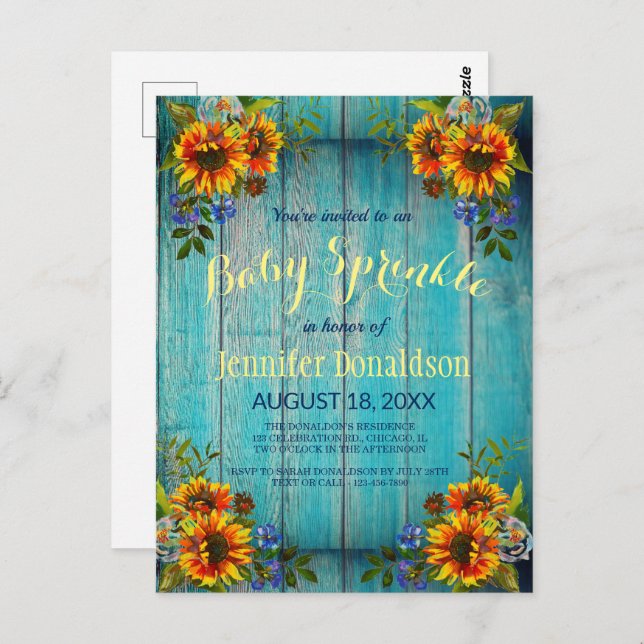 Rustic Blue Sunflower Baby Sprinkle Invitation Postcard (Front/Back)