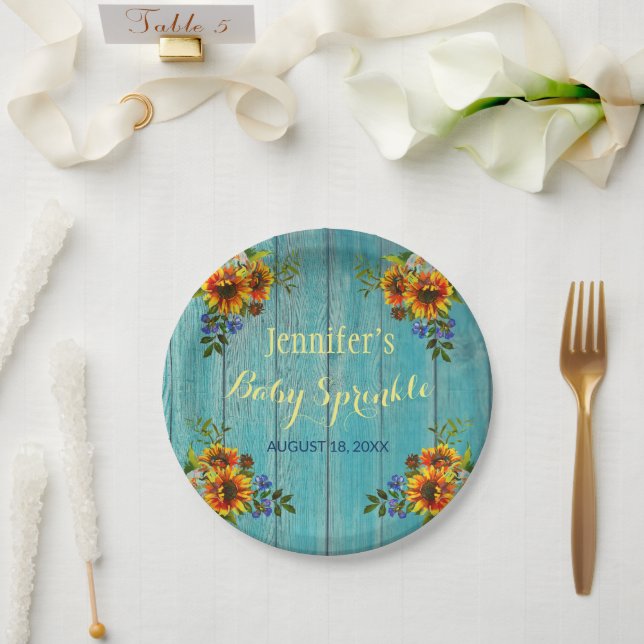 Rustic Blue Sunflower Baby Sprinkle Party Paper Plates (Wedding)