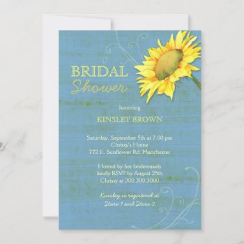 Rustic Blue Sunflower Bridal Shower Invitation by BridalHeaven at Zazzle