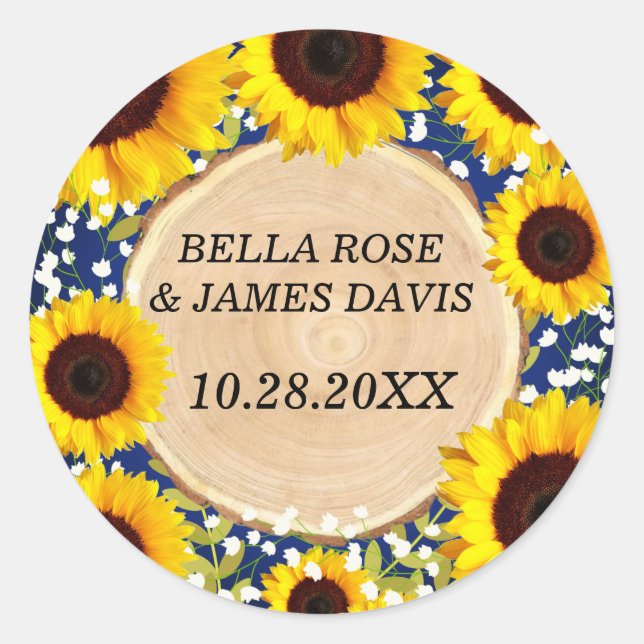 Rustic Blue Sunflower Classic Round Sticker (Front)