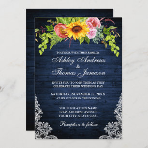 Rustic Blue Sunflower Floral Lace Photo Wedding Invitation