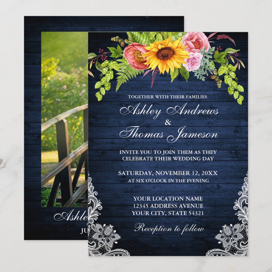 Rustic Blue Sunflower Floral Lace Photo Wedding Invitation | Zazzle