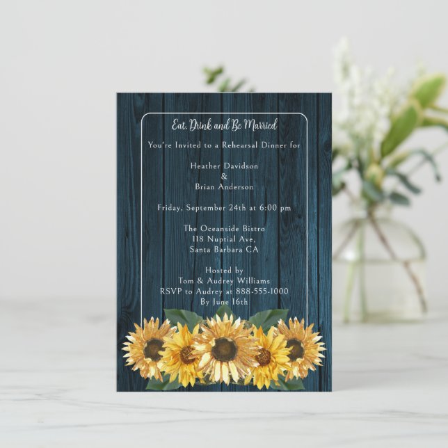 Rustic Blue Sunflower Rehearsal Dinner Invitation (Standing Front)