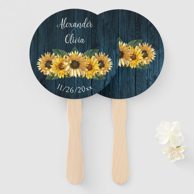 Rustic Blue Sunflower Wedding Favor Hand Fan (Front and Back)