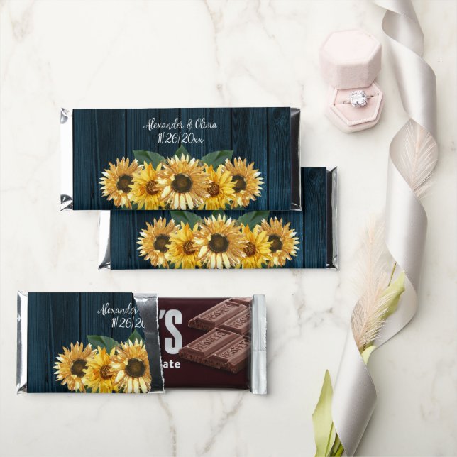 Rustic Blue Sunflower Wedding Hershey Bar Favors (Front)
