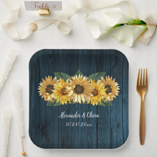Rustic Blue Sunflower Wedding Paper Plates