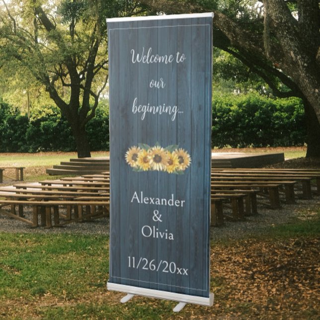 Rustic Blue Sunflower Wedding Retractable Banner (Rustic Blue Sunflower Wedding Welcome Banner)