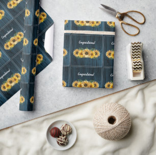Rustic Blue Sunflower Wedding Wrapping Paper
