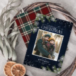 Rustic Blue Tartan Wood Merry Christmas Photo Holiday Card<br><div class="desc">Share your Christmas wishes and your favorite holiday family photo this year with this rustic navy blue Christmas Card design, featuring hand lettered script typography, your favorite photo, red and green tartan plaid on the back, fairy lights, and pine boughs with silver glitter snowflakes. Contact designer for matching products. Copyright...</div>