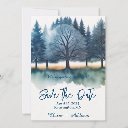 Rustic Blue Teal Watercolor Trees Save The Date