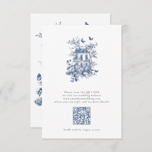 Rustic Blue Toile De Jouy QR Code Wedding RSVP Card