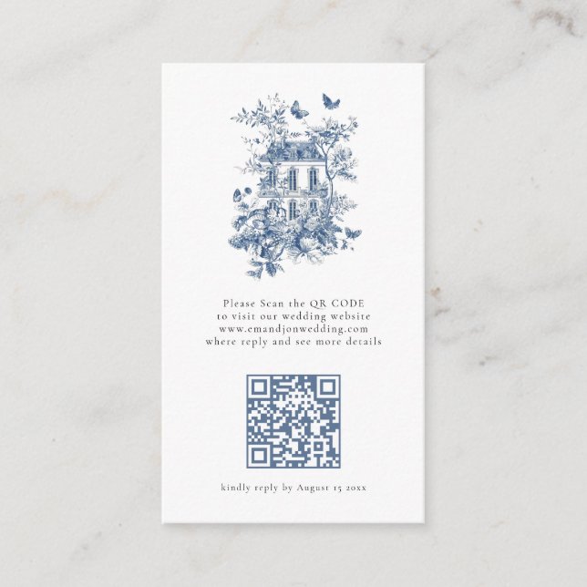 Rustic Blue Toile De Jouy QR Code Wedding RSVP Enclosure Card (Front)