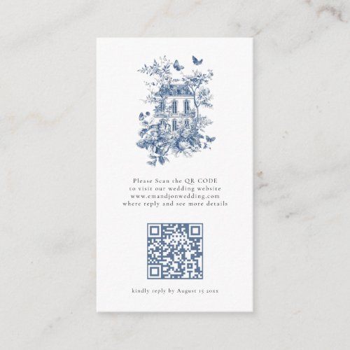 Rustic Blue Toile De Jouy QR Code Wedding RSVP Enclosure Card