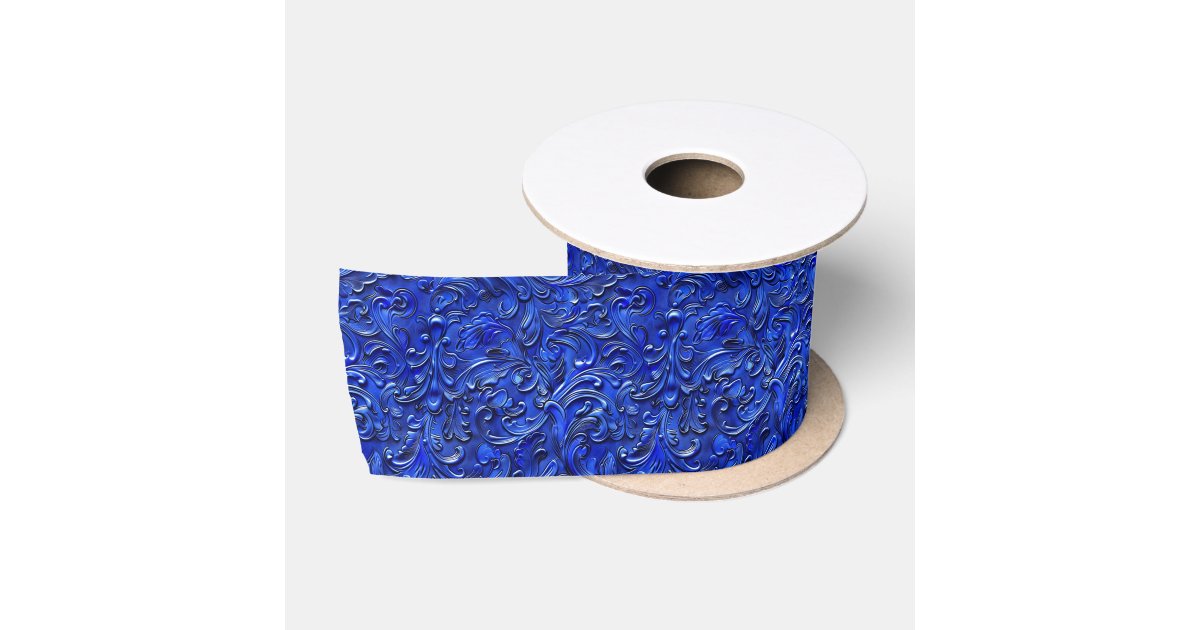 Blue Book Ribbon Shell Rustic blue tooled leather satin ribbon | Zazzle