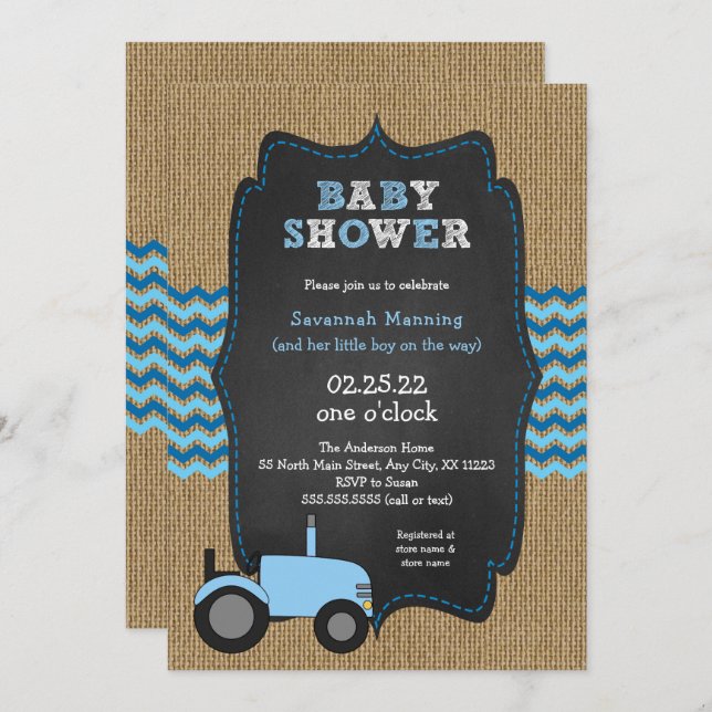 Rustic Blue Tractor boy Baby shower Invitation (Front/Back)