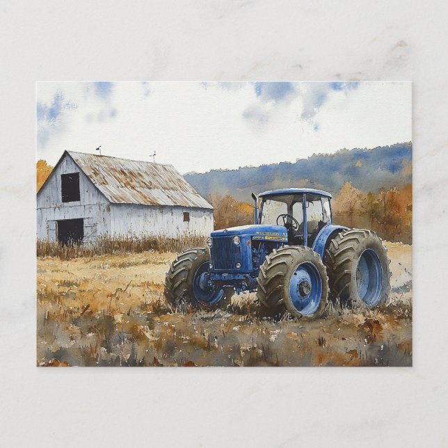 Rustic Blue Tractor White Barn Watercolor Postcard (Front)