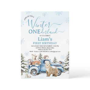 Rustic Blue Truck Bear Winter Onederland Birthday Invitation