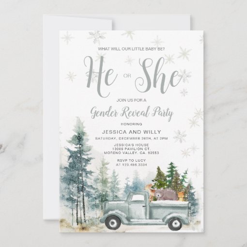 Rustic Blue Truck Forest Pine Trees Gender Reveal Invitation | Zazzle