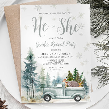 Rustic Blue Truck Forest Pine Trees Gender Reveal Invitation by HappyPartyStudio at Zazzle