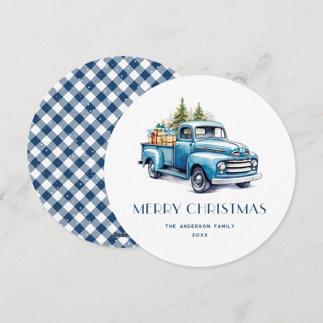 Rustic Blue Truck Gingham Plaid Christmas Cards (Front/Back)