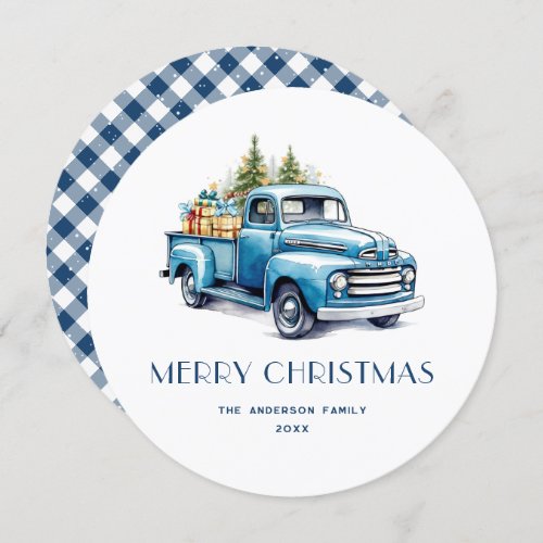 Rustic Blue Truck Gingham Plaid Christmas Cards