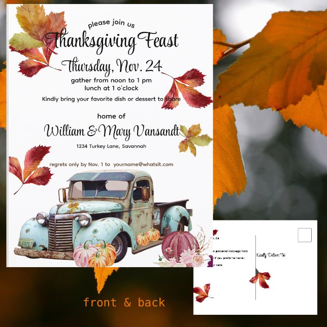 Rustic Blue Truck Thanksgiving Invitation Postcard (Creator Uploaded)