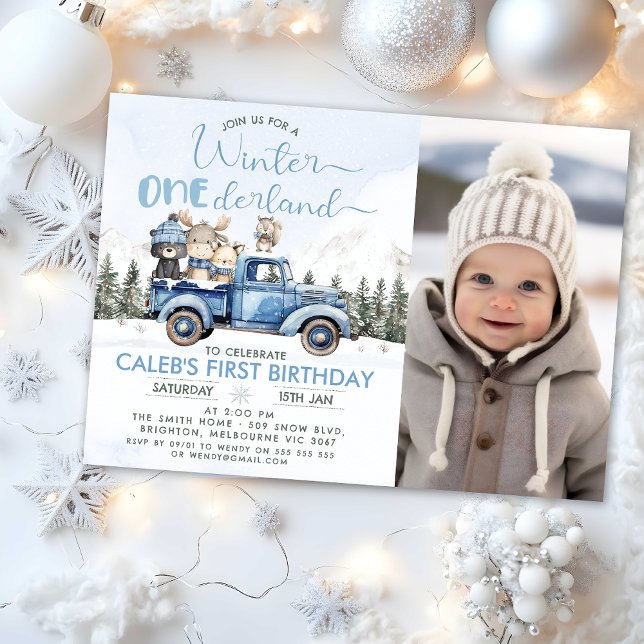 Rustic Blue Truck Winter Onederland 1st Birthday Invitation (Winter Onederland Birthday Invitation, Winter Onederland - 1st Birthday Invitation Template, Blue)