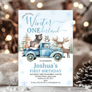 Rustic Blue Truck Winter Onederland Birthday Invitation