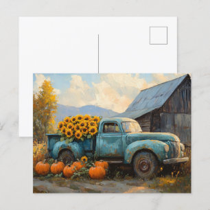 Rustic Blue Truck with Pumpkins and Sunflowers Postcard