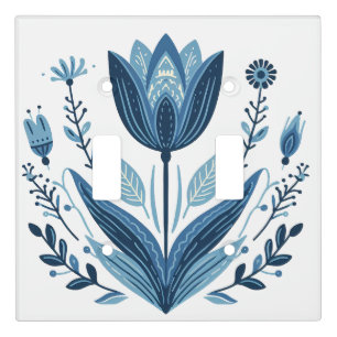 Rustic Blue Tulip Flower Folk Art Botanical Design Light Switch Cover