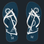 Rustic Blue Vintage Anchor Monogram Flip Flops<br><div class="desc">Custom printed flip flop sandals with a rustic nautical vintage anchor illustration and your custom monogram or other text. Click Customize It to change text fonts and colors or add your own images to create a unique one of a kind design!</div>
