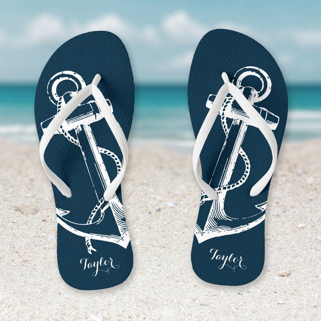 Rustic Blue Vintage Anchor Monogram Flip Flops (Creator Uploaded)