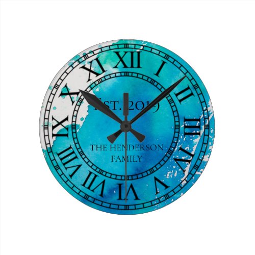 Rustic Blue Watercolor Family Name Roman Numeral Round Clock