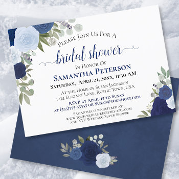 Rustic Blue Watercolor Floral Chic Bridal Shower Invitation by ZingerBug at Zazzle