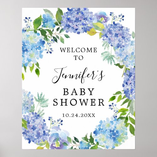 Rustic Blue Watercolor Hydrangea Baby Shower Poster