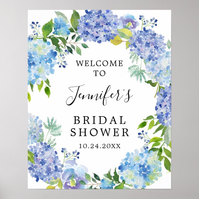 Rustic Blue Watercolor Hydrangea Bridal Shower Poster (Front)