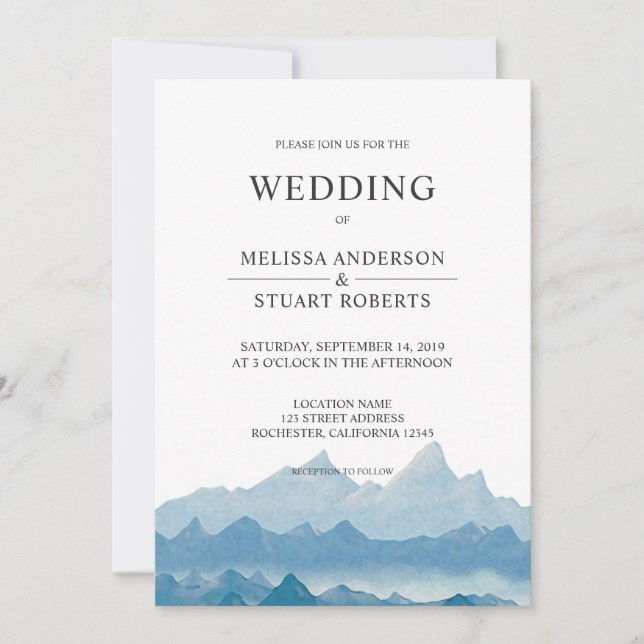 Rustic blue watercolor mountain landscape range invitation (Front)