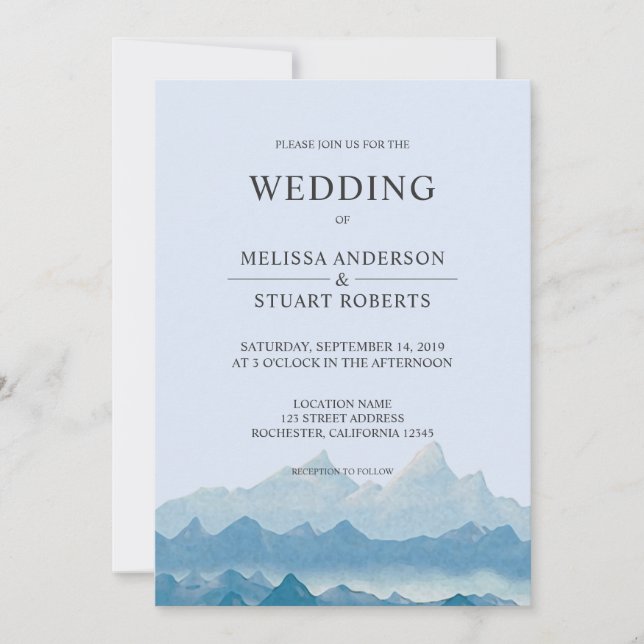 Rustic blue watercolor mountain landscape range invitation (Front)