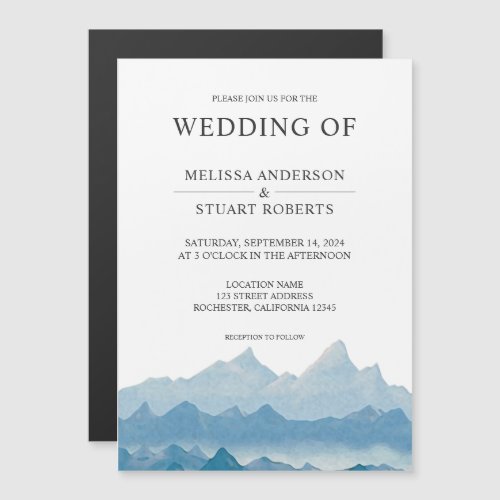 Rustic blue watercolor mountain landscape range magnetic invitation