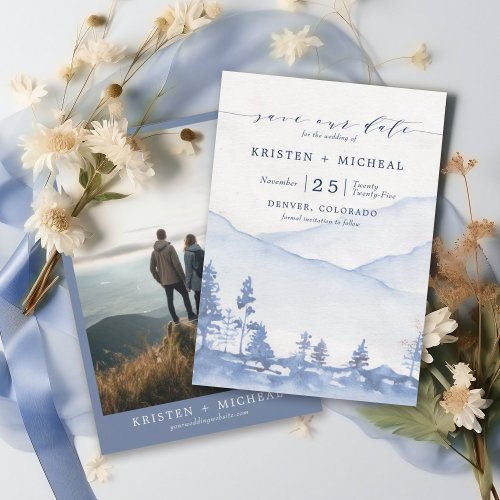 Rustic Blue Watercolor Mountain Photo  Save The Date