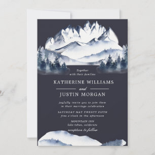 Rustic Blue Watercolor Mountain Wedding Invitation