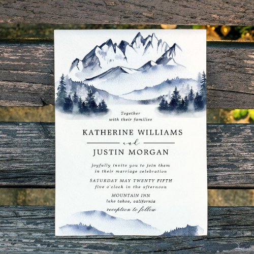 Rustic Blue Watercolor Mountain Wedding Invitation
