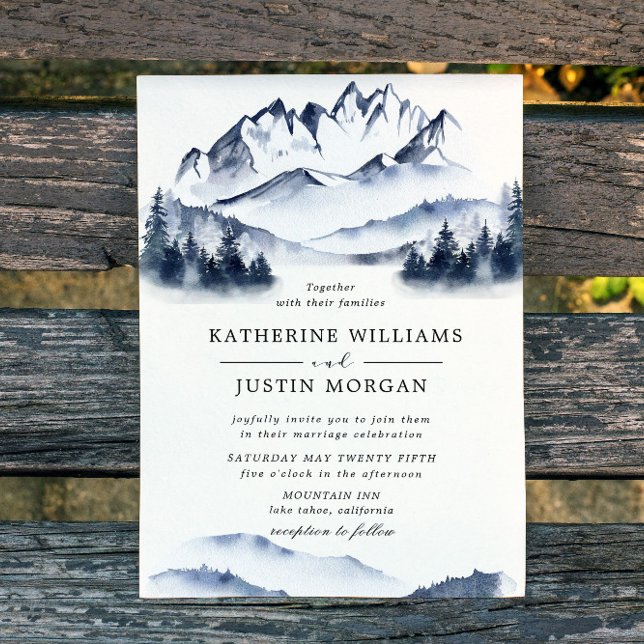 Rustic Blue Watercolor Mountain Wedding Invitation (Creator Uploaded)