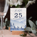 Rustic Blue Watercolor Mountain Wedding Table Number<br><div class="desc">True romance blossoms on your special day with our Blue Mountain Watercolor Wedding Table Numbers. Each table number is not just a simple indicator, but an artistic masterpiece, hand-painted with a serene watercolor landscape representing the unity of your love journey. Emphasize the exquisite elegance of your love story with these...</div>